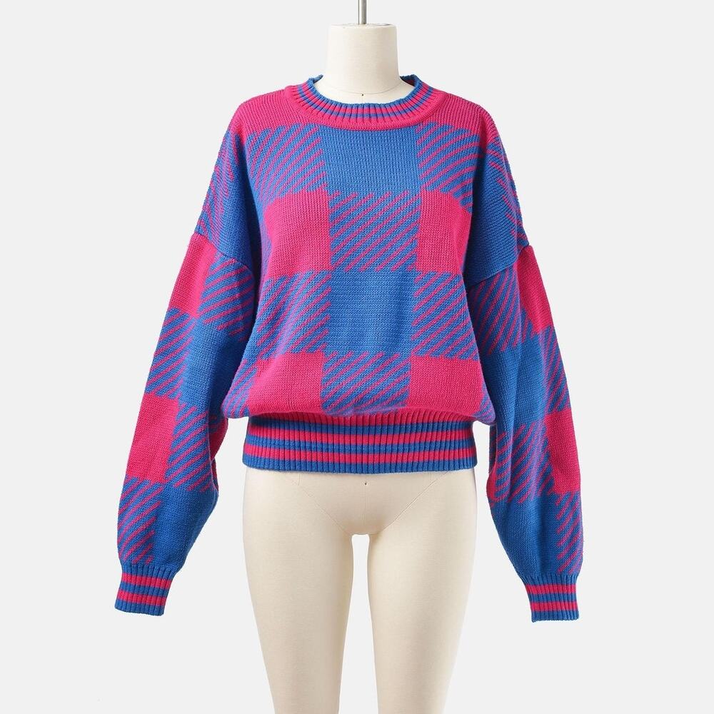 Vintage 80s Blue and Pink Cotton Checkered Plaid Crewneck Pullover Sweater